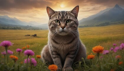 Cat in a field of wildflowers.