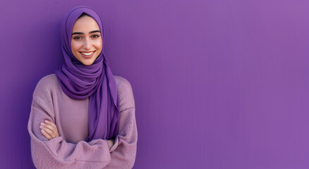 A portrait of a young smiling Muslim woman wearing a purple hijab against a purple background studio with copy space for text - Powered by Adobe