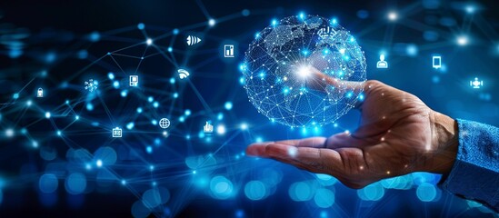 Businessman Touching Digital Icon of Global Network and Data Transfer on Virtual Screen, Surrounded by Icons Representing Technology, Marketing, and Social Media. Concept for Internet of Things and Bi