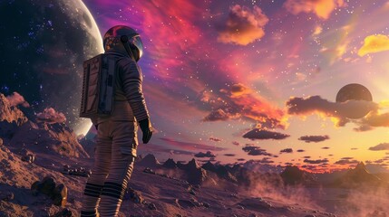 Obraz premium Astronaut standing on a rooftop, overlooking a futuristic cityscape at dusk with a crescent moon and a planet in the sky, creating a sci-fi ambiance. 
