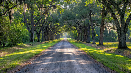 Obraz premium Tree-lined road with lush green foliage on a sunny day