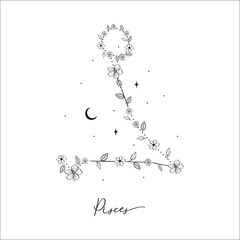 Pisces constellation with Hand drawn doodle flowers, leaves, florals and stars. Vector art, graphic illustration clipart © Vector Queen