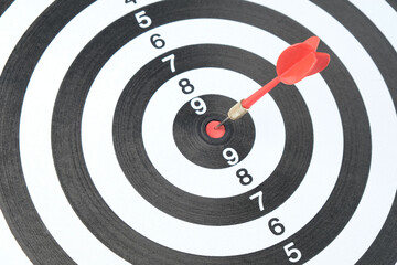 Dart in the center of the dartboard, concept of hitting the target, reaching the goal, determination