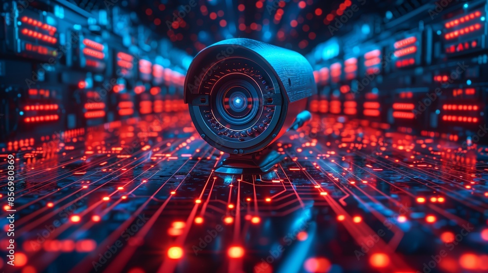 Poster futuristic security camera on a circuit board with red lights