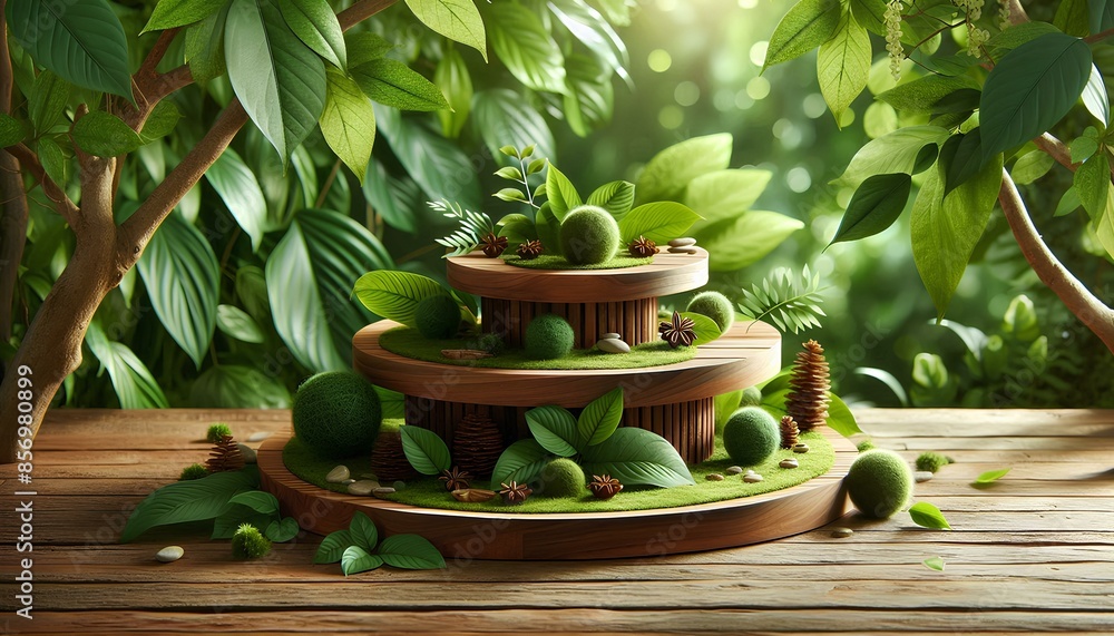 Poster a wooden platform with ferns and green round objects surrounded by a green background.