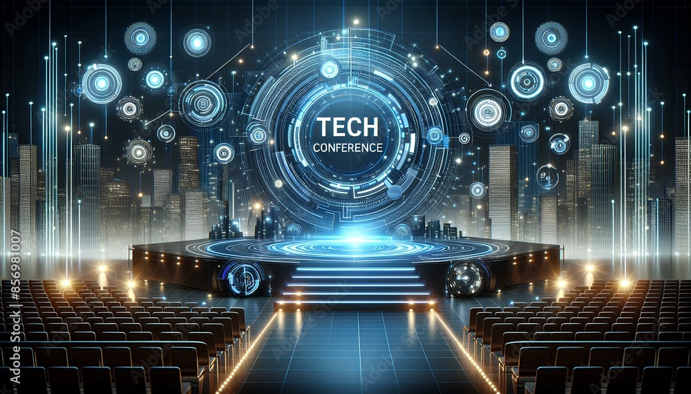 Poster a large circular stage with a digital screen behind it on a stage with rows of seats.