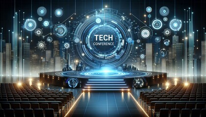 A large circular stage with a digital screen behind it on a stage with rows of seats.