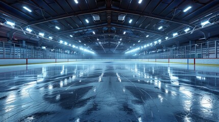 Fototapeta premium Empty Ice Hockey Rink with Bright Lighting in Modern Arena