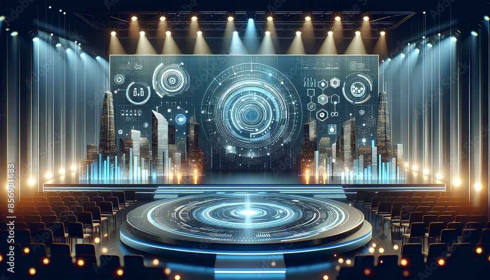 Poster a large circular stage with a digital screen behind it on a stage with rows of seats.