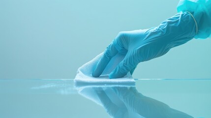 A cloth in a gloved hand wiping a glass surface close-up, emphasizing hygiene and cleanliness. Cleaning company. Copyspace