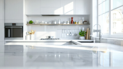 Fototapeta premium Immaculately cleaned kitchen with gleaming countertops and spotless appliances for a pristine look. Cleaning company. Copyspace