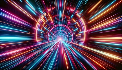 A futuristic tunnel of neon lights in pink, blue, and orange background, wallpaper 