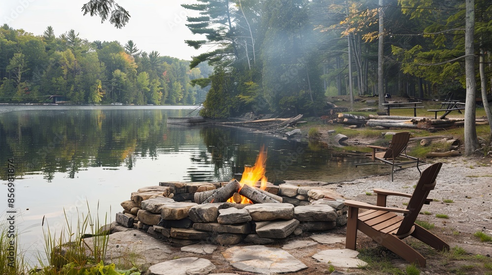 Wall mural Lakeside Fire Pit: A tranquil lakeside setting with a fire pit built from natural rocks, surrounded by logs and outdoor chairs.