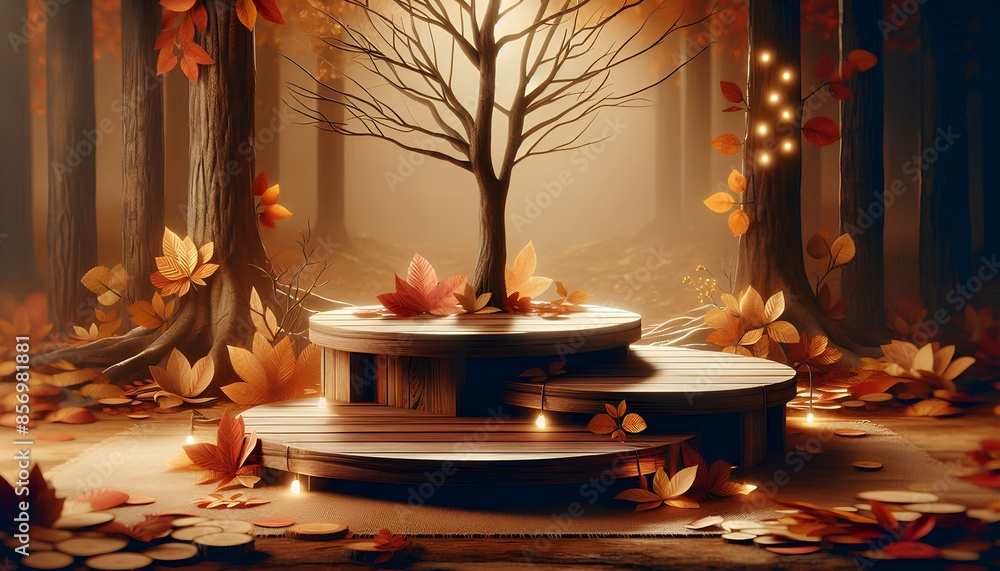 Poster a mystical autumn forest scene with a wooden platform and candles surrounding a large bare tree.