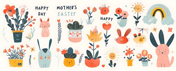 Happy Mother's Day" cute patterns  white background, vector graphics in the flat design style, colorful illustrations easter eggs