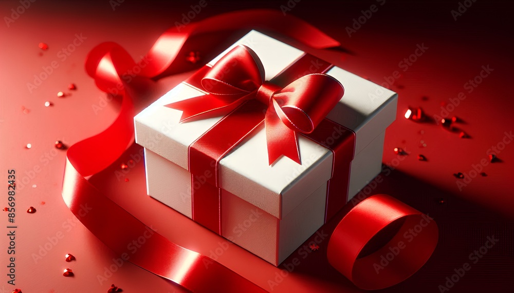 Poster a white gift box with a red ribbon and bow, resting on a red background. the light casts a soft glow