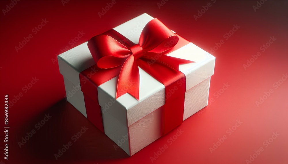 Poster a white gift box with a red ribbon and bow, resting on a red background. the light casts a soft glow