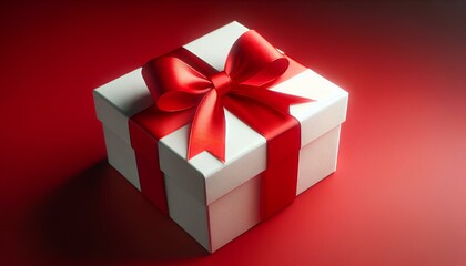 Obraz premium A white gift box with a red ribbon and bow, resting on a red background. The light casts a soft glow on the gift box, emphasizing its shape and texture.