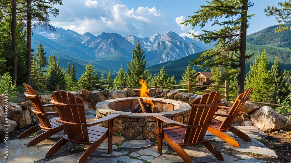 Canvas Prints Mountain Cabin Fire Pit: A rustic mountain cabin setting with a stone fire pit surrounded by wooden Adirondack chairs.