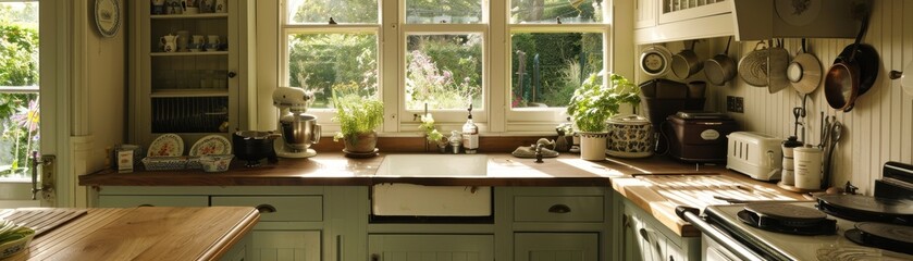 Elegant English country kitchen with an Aga stove, wooden countertops, and a farmhouse sink, exuding timeless warmth and style