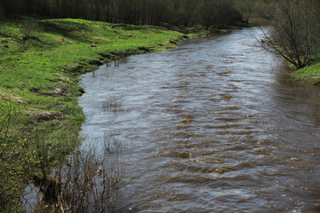 Serene River Flowing Through Green Landscape in Spring