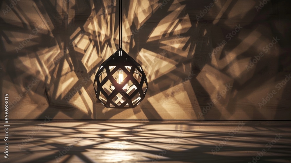 Poster a statement pendant lamp with a geometric shade casting intricate shadows on the walls.