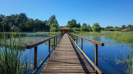 Obraz premium Wooden walkway leading to a gazebo over a calm lake surrounded by lush greenery and reeds under a bright blue sky on a sunny day