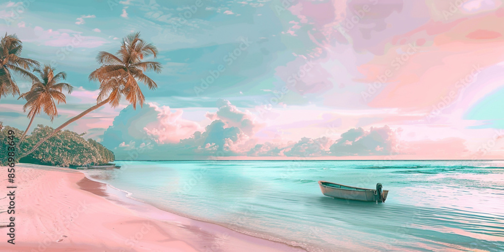 Wall mural pink and blue beach with palm trees, small boat in the water