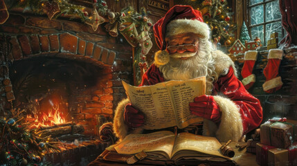 Fototapeta premium Santa Claus reading naughty or nice list by cozy fireplace on Christmas Eve, decorated room with stockings and gifts