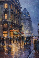 Fototapeta premium Busy Paris Night: Vintage Street Painting with Lights and Rain