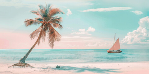 Illustration of a beach with a palm tree and sailboat in pastel colors, white sand, turquoise sea water