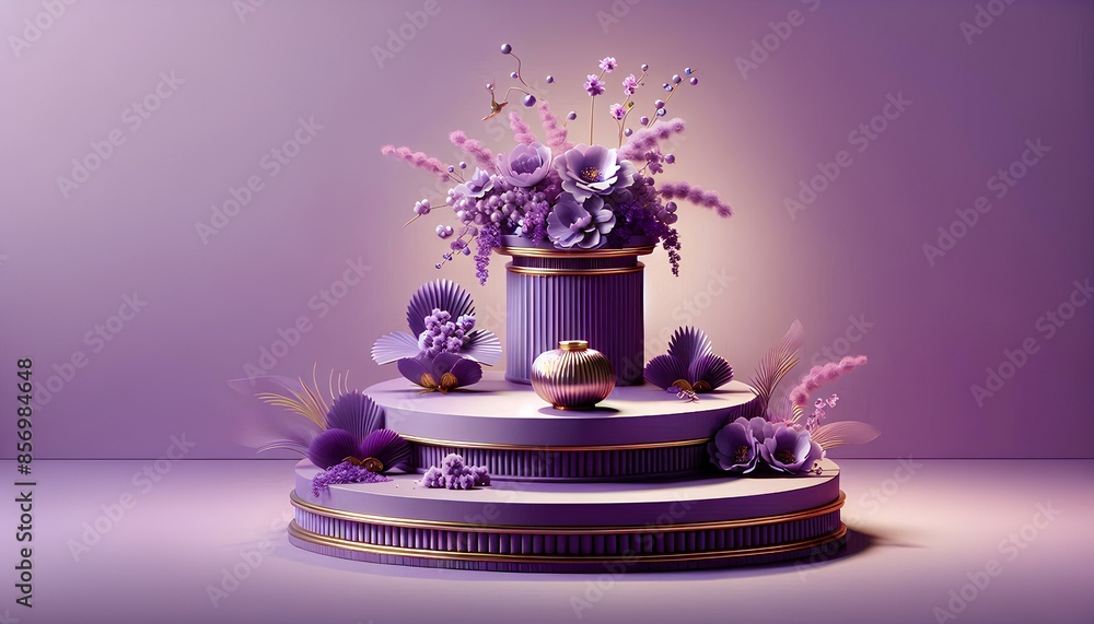 Poster 3d rendering with a purple and gold aesthetic. there are three large purple bottles and other golden