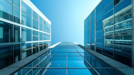 Obraz premium Modern glass skyscrapers reaching for the sky. Architectural elegance and urban design. Futuristic and sleek buildings with reflective windows. Ideal for business and technology themes. AI