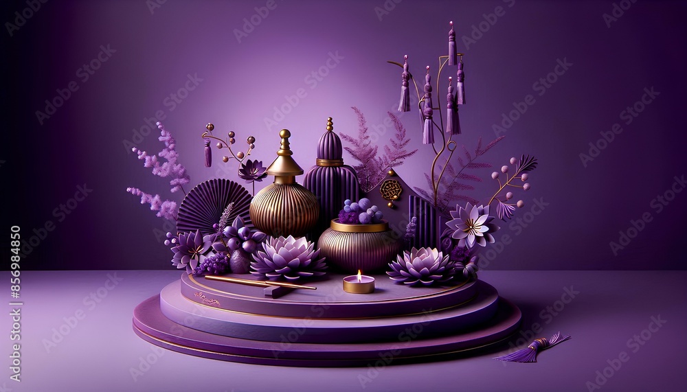 Poster 3d rendering with a purple and gold aesthetic. there are three large purple bottles and other golden