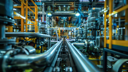 Fototapeta premium Interior view of a high-tech industrial manufacturing facility with complex machinery and assembly lines under bright lighting.
