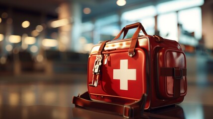 A red first aid kit with a white cross rests on a floor with a blurry background