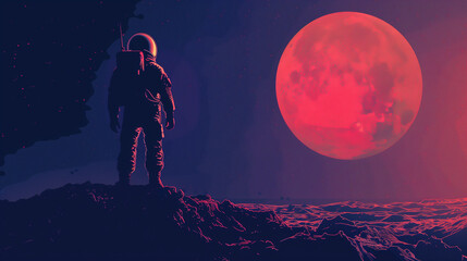 Fototapeta premium Astronaut Exploring Planet at Sunset. A mesmerizing image capturing the silhouette of an astronaut standing on the rugged surface of an alien planet, with a gigantic, crater-filled planet looming in 