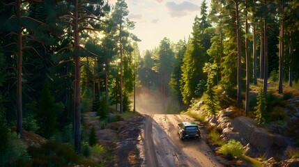 Obraz premium Rally racing car on dirt track, in the forest, extreme sport activities theme, created with generative ai