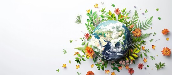 Earth Surrounded by Vibrant Flowers and Greenery on a White Background