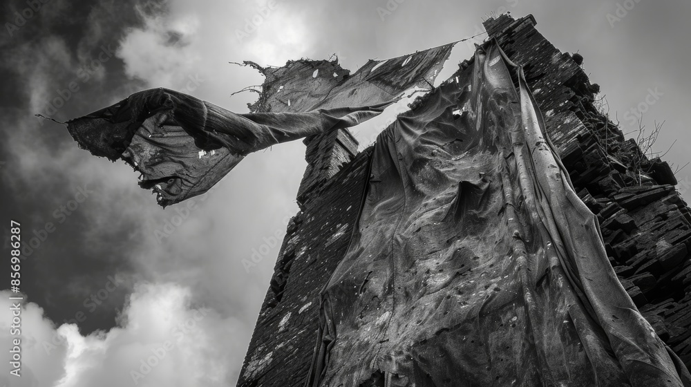Poster looking up at the watchtower a torn and battered piece of fabric hangs perilously from its highest p