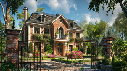 Fototapeta premium Quaint house with a brick facade, elegant bay windows, a wrought iron gate, and a beautiful rose garden, ideal for a classic and inviting look