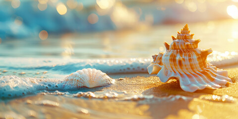 A beautiful sea shell on the beach with golden sand and waves in background