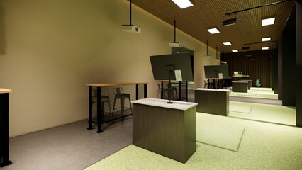 A room with a green turf and a golf simulator. There are two tables with chairs 