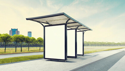 White bus stop billboard poster in a station with cars in moving in the background, Front view, mockup concept blank poster, city traffic
