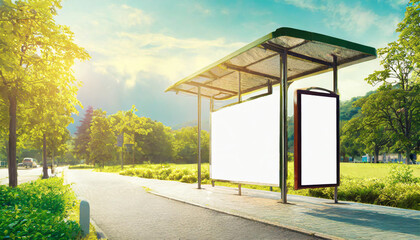 White bus stop billboard poster in a station with cars in moving in the background, Front view, mockup concept blank poster, city traffic