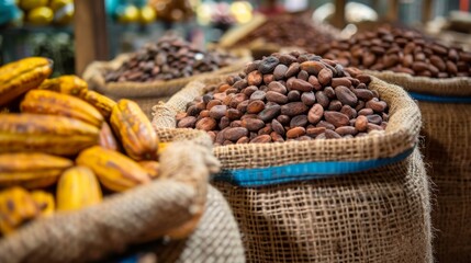 Cacao beans and pods are displayed at a Fairtrade Fortnight market