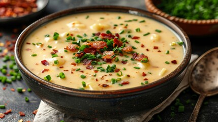 comfort food, a savory cheese soup topped with crispy bacon and chives, perfect for lunch or dinner
