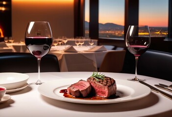 grilled red meat cooked medium rare on a white porcelain plate with a glass of red wine in a luxury 
