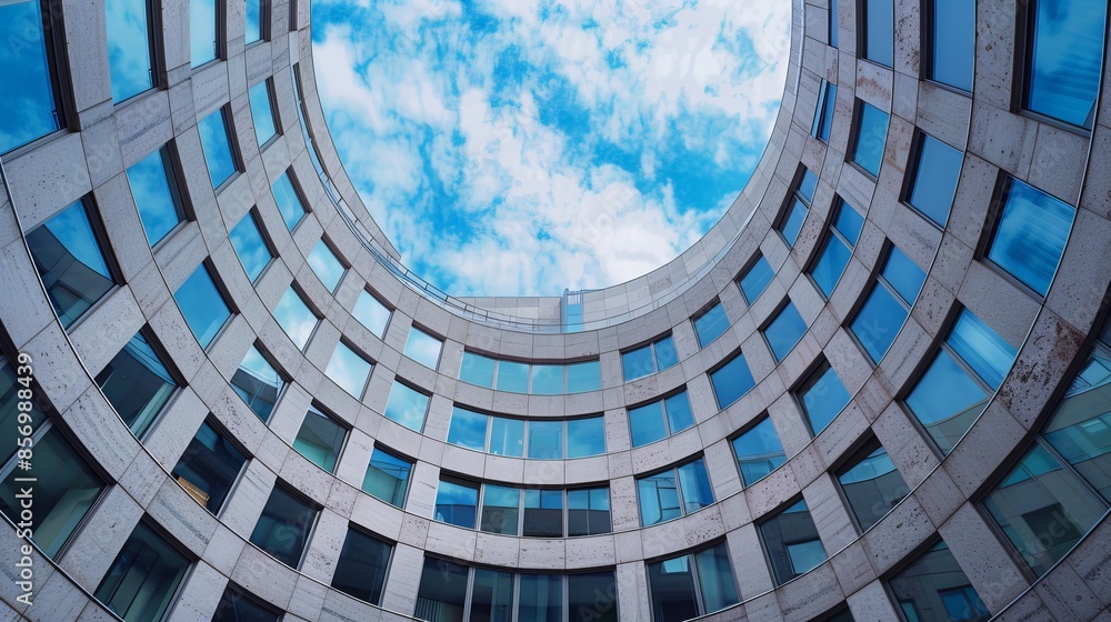 Poster looking up at circular modern office building architecture studying an open sky. futuristic facade w