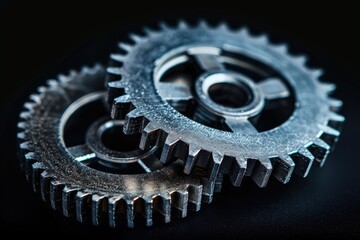Close-up of metallic gears on a black surface